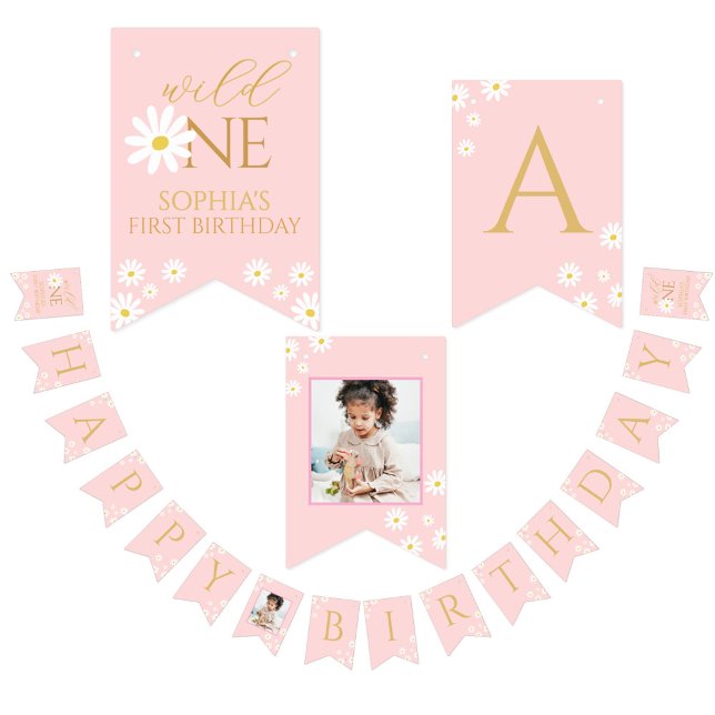 Happy Birthday Kids boho daisy Cute Pink  Bunting Flags (Creator Uploaded)