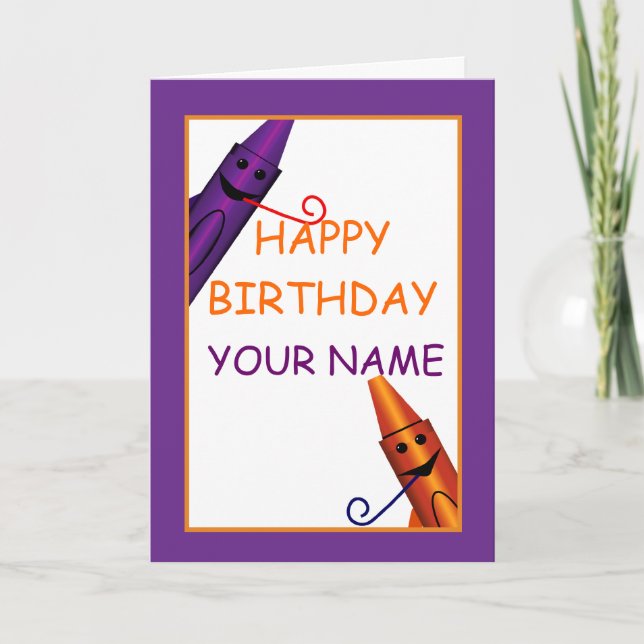 Happy Birthday Kids Name Crayon Design Greeting Card (Front)
