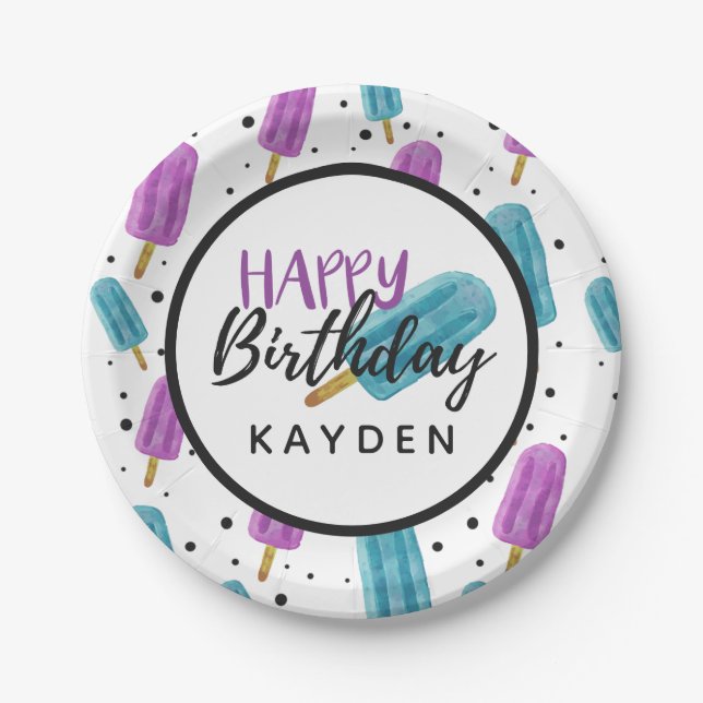 Happy Birthday Kid's Summer Ice Pop Party Cake Paper Plates (Front)