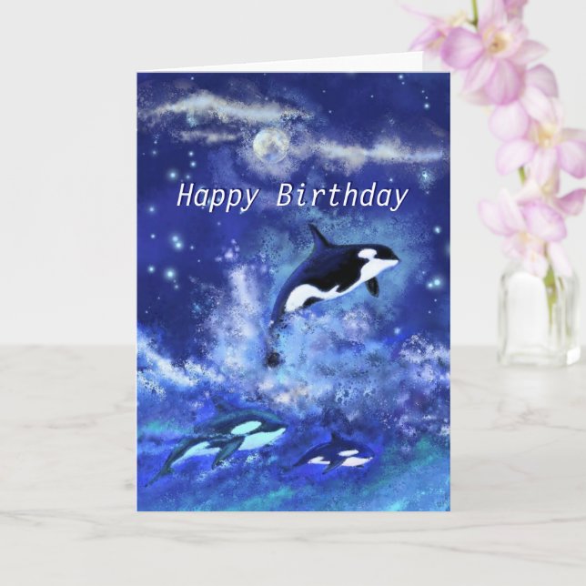 Happy Birthday - Killer Whales on Full Moon - Card (Orchid)