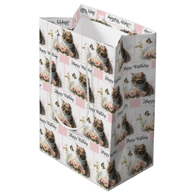 Happy Birthday Kitten In Garden  Medium Gift Bag (Back Angled)