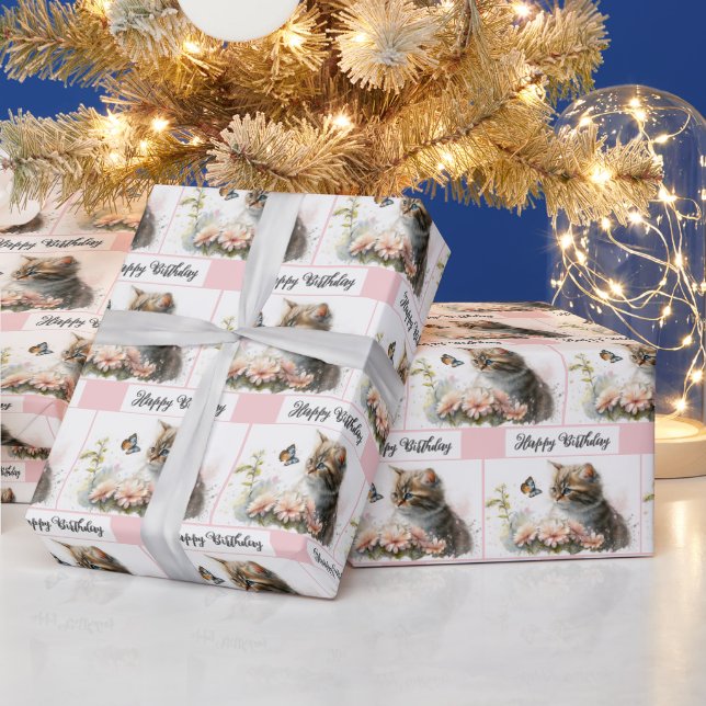 Happy Birthday Kitten In Garden  Wrapping Paper (Holidays)
