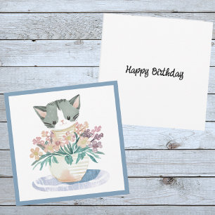 Happy Birthday Kitten Sitting In A Pot Of Flowers Card