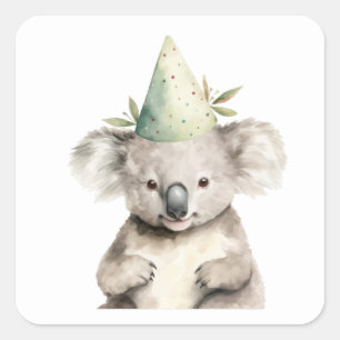 Happy Birthday Koala Bear Party Hat Square Sticker