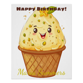 Happy Birthday Kulfi Ice-cream Kawaii Cartoon Poster