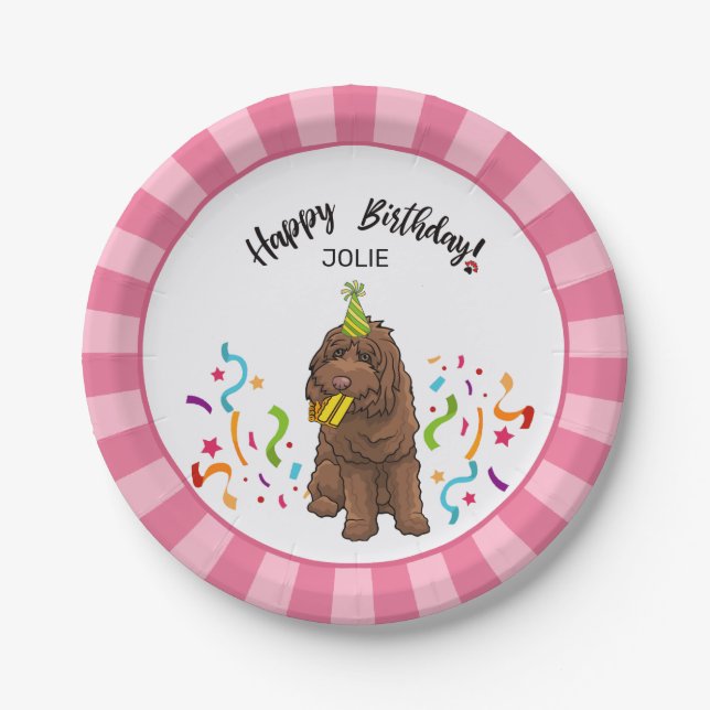 Happy Birthday Labradoodle Dog Pink Stripe Party Paper Plates (Front)
