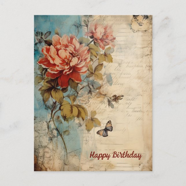 Happy Birthday Lady Grunge Floral 20 Postcard (Front)