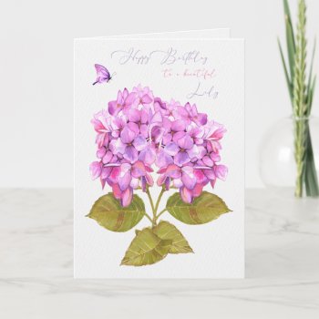 Happy Birthday Lady Hydrangeas And Butterfly Card by SueshineStudio at Zazzle