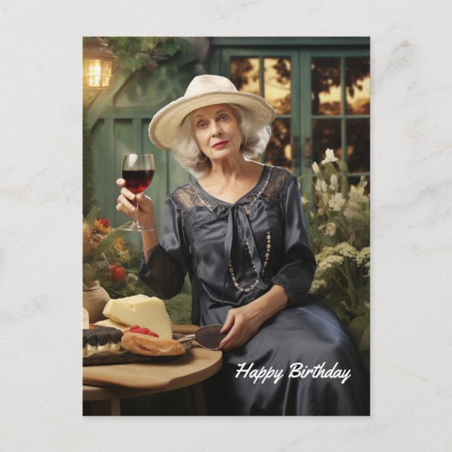 Happy Birthday Lady in garden with wine and cheese Postcard (Front)