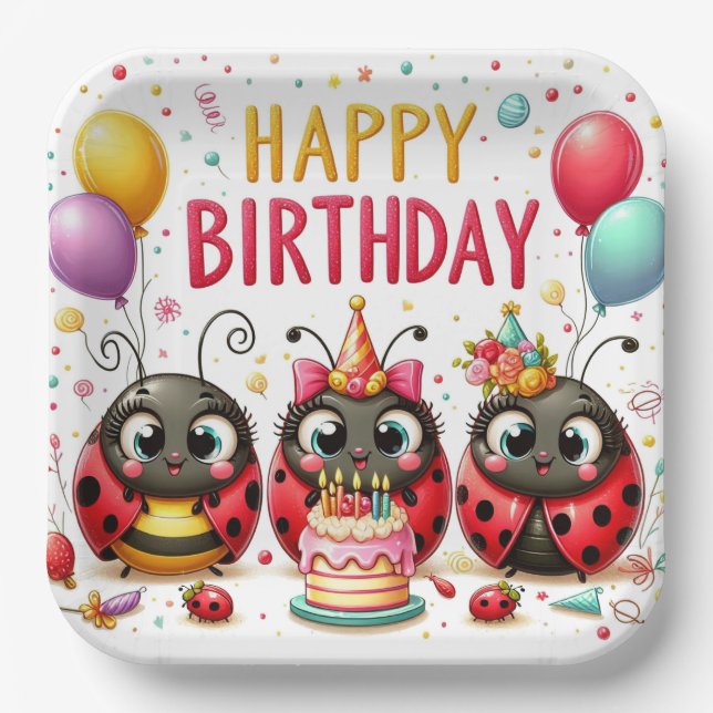 Happy Birthday Ladybugs Paper Plates (Front)