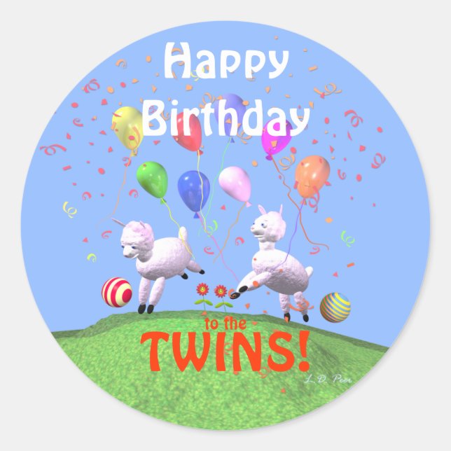 Happy Birthday Lambs for Twins Classic Round Sticker (Front)