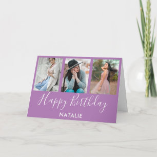 Happy Birthday Lavender and White 3 Photo Collage Card