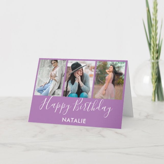 Happy Birthday Lavender and White 3 Photo Collage Card (Front)