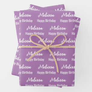 Happy Birthday Lavender and White Name Pattern Wrapping Paper Sheets