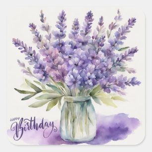 Happy Birthday Lavender Flowers in Jar Watercolor  Square Sticker