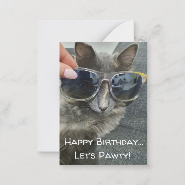 "happy birthday let's pawty" funny grey cat photo note card (Front)