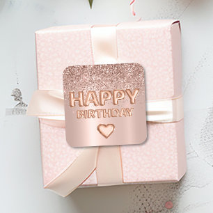 Happy Birthday Letter Balloon Rose Gold Heart Square Sticker