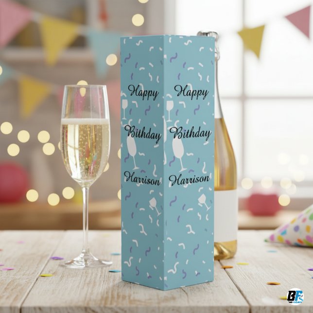 Happy Birthday Light Blue Confetti Personalized Wine Box (Happy Birthday )