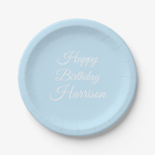 Happy Birthday light blue white custom script name Paper Plates