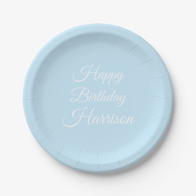 Happy Birthday light blue white custom script name Paper Plates (Front)