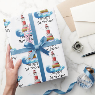 Happy Birthday Lighthouses on White Wrapping Paper