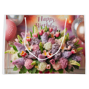 Happy Birthday, lilac bouquet, by Natasha Us   Large Gift Bag