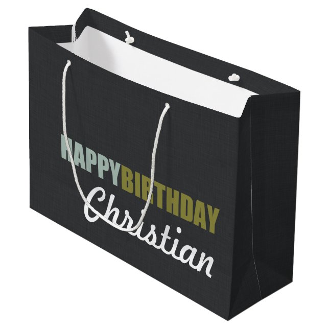 Happy Birthday Linen Grey Personalized Large Gift Bag (Front Angled)