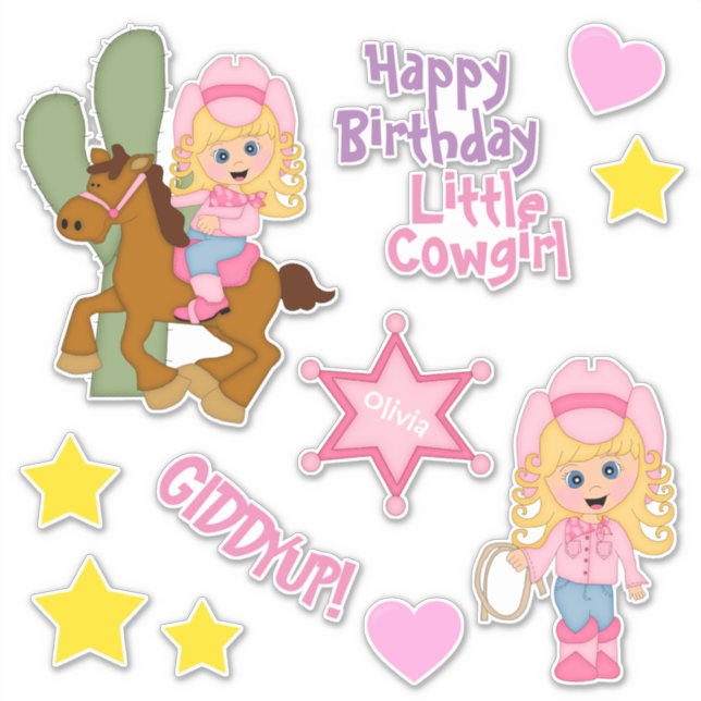 Happy Birthday Little Cowgirl Sticker (Front)