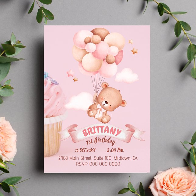 "Happy Birthday, Little One!" Teddy, balloons bday Invitation (Creator Uploaded)