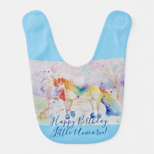 Happy Birthday Little Unicorn Blue Watercolor Baby Bib