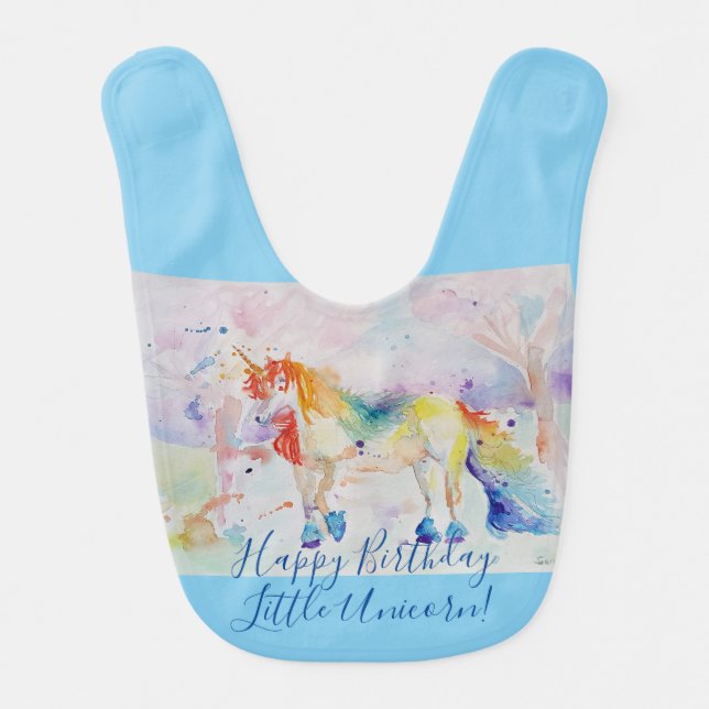 'Happy Birthday Little Unicorn' Blue Watercolor Baby Bib (Front)