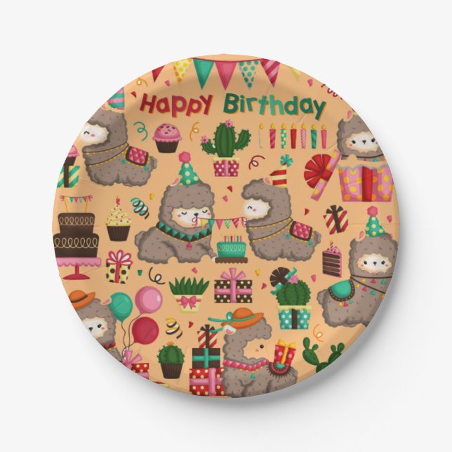 Happy Birthday Llama Pattern Paper Plates (Front)