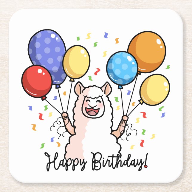 Happy Birthday Llama Square Paper Coaster (Front)