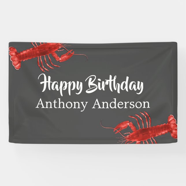 Happy Birthday Lobster Themed Gray Fun Custom Banner (Horizontal)