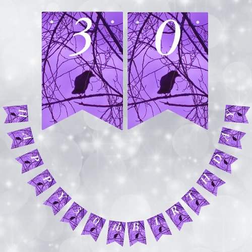 Happy Birthday Lone Black Crow in Trees Purple Sky Bunting Flags