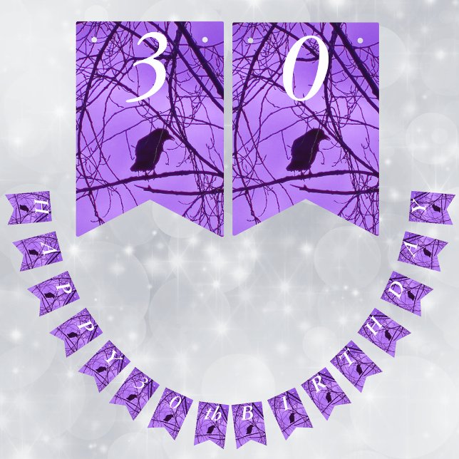 Happy Birthday Lone Black Crow in Trees Purple Sky Bunting Flags (Silhouette of single black crow in spooky barren trees on purple Happy Birthday Party banner flags.)