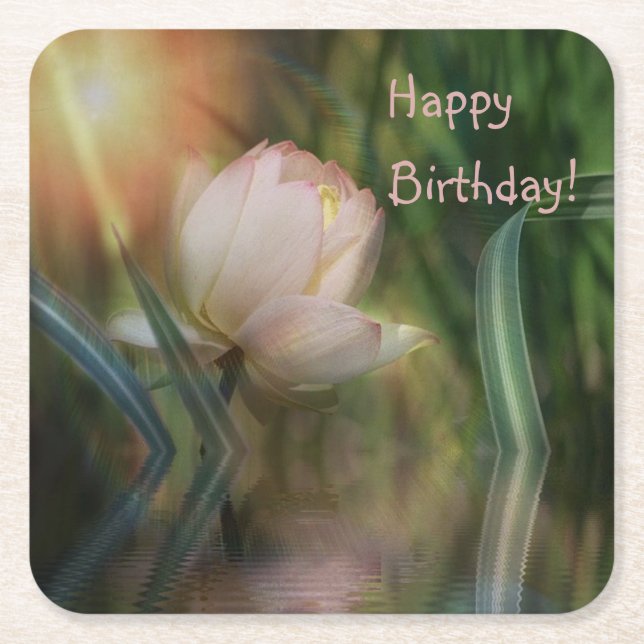 Happy Birthday Lotus Reflection Paper Coaster (Front)