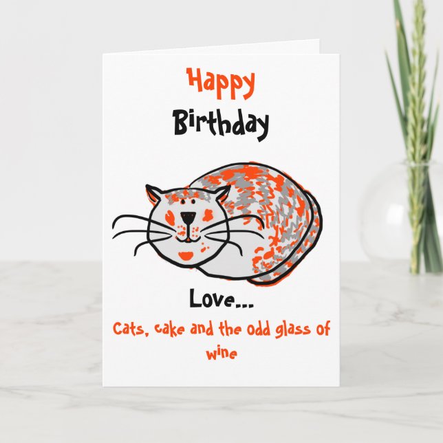 Happy Birthday love cats, cake & wine Card (Front)
