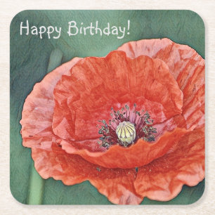Happy Birthday Luscious Red Poppy Square Paper Coaster
