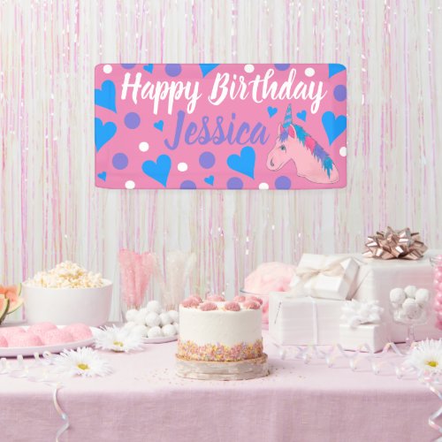 Happy Birthday Magical Pink Unicorn Horse Hearts Banner