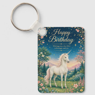 Happy Birthday Magical Unicorn Floral Garden Keychain