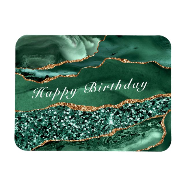 Happy Birthday Magnet Agate Green Gold Glitter (Horizontal)