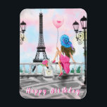 Happy Birthday Magnet Woman with Heart Balloon<br><div class="desc">Happy Birthday - Pretty Woman and Pink Heart Balloon - I Love Paris - Eiffel Tower Romantic Drawing - Choose / Add Your Unique Text / Font / Color - Make Your Special Gift - Resize and move or remove and add elements - Image / text with customization tool !...</div>