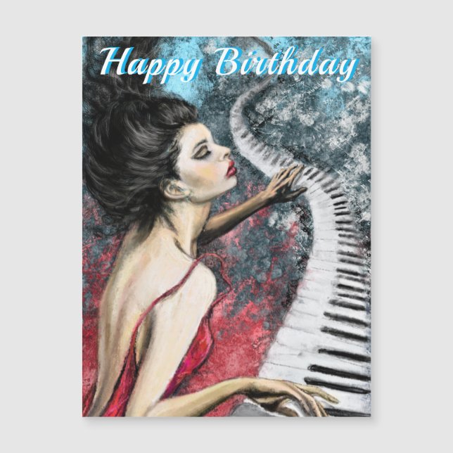 Happy Birthday Magnetc Card Lady in Red with Piano (Front)
