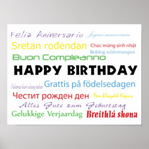 Happy Birthday Many Languages Colorful Typography Poster