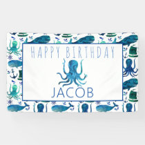 Happy Birthday Marine Nautical Octopus Ocean Kids Banner