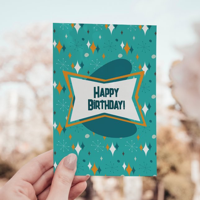 Happy Birthday, MCM Atomic Starburst Teal Holiday Card (Creator Uploaded)