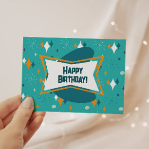 Happy Birthday, MCM Atomic Starburst Teal Postcard