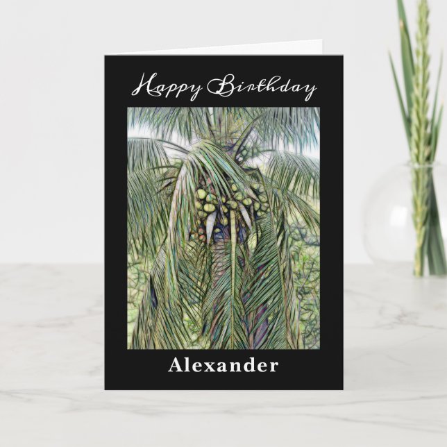 Happy Birthday Men Artsy Coconut Tree Tropical  Card (Front)