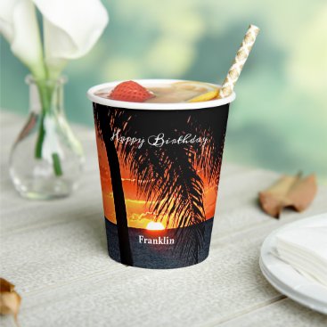 Happy Birthday Men Sunset Ocean Tropical Trees  Paper Cups